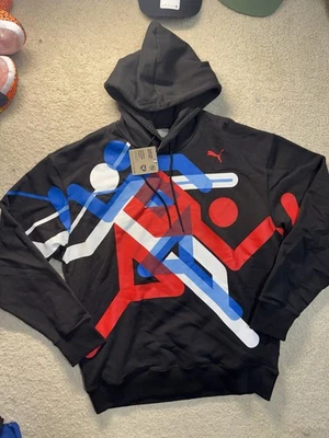 Puma USA 2024 Olympic Village Terry Hoodie Loose Fit Size L Black - Image 1 of 4