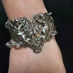 Cherub Angel Cuff Bracelet Victorian Silver Repoussé Cupid Angels Christmas Gift - Picture 1 of 12