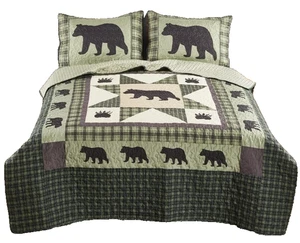 Brand New Virah Bella Green Plaid King Size Bear Quilt & Sham Set - Picture 1 of 5