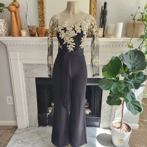 Black Gold Jumpsuit Metallic Sheer Embroidered Evening Holiday Mob Wife Sz Small - Picture 1 of 9