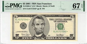 2001 $5 FRN San Francisco PMG 67EPQ CL* Block Fr. 1988-L* Star Note - Picture 1 of 2