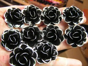 TEN BLACK w silver chrome trim Roses, metal flowers for craft, jewelry, accent - Picture 1 of 1