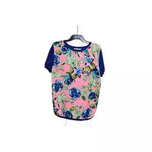 Max Mara Size L Blue Flower Short Sleeve Silk Cotton Womens Top - Picture 1 of 6