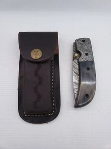 Damascus Folding Knife With Leather Sheath, Oklahoma State Button - Picture 1 of 12