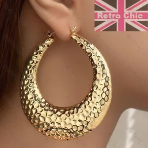 GRANDI ORECCHINI CERCHIO 2,5"" MARTELLATI RETRÒ CERCHI ORO MODA bambù CERCHI 6,5""cm larghi UK - Foto 1 di 5