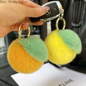 Real Rex Rabbit Fur Apricot Lemon Orange Fruit Keyring Pompom Ball Bag Charm