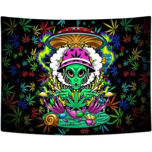 Weed Trippy Extra Large Tapestry Wall Hanging Psychedelic Mushroom Alien Fabric - Picture 1 of 8