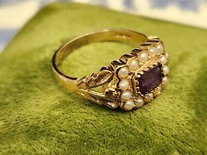 Beautiful 9k Yellow Gold Amethyst Seed Pearl Ring, Size 7.5. Gorgeous!