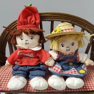 2 Campbell Soup Dolls Boy Tomato Chef Hat Girl Straw Hat Vtg 2000 7" Set - Picture 1 of 15
