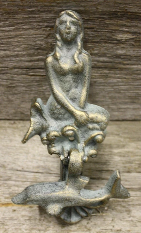 Cast Iron Antique Style Nautical MERMAID / DOLPHIN Door Knocker Green Finish Cover