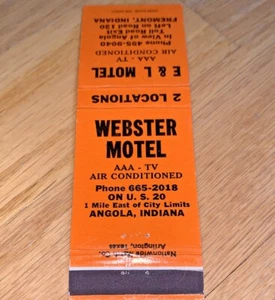 Vintage WEBSTER MOTEL / E&L MOTEL Matchbook Cover ANGOLA and FREMONT INDIANA - Picture 1 of 4