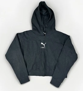 Puma Black Cropped Hoodie size Medium Women’s Boxy Fit Ribbed Cotton VGC - Picture 1 of 7