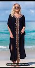 Ladies Black Kaftan Dress With Embroidered Trim. One Size. New