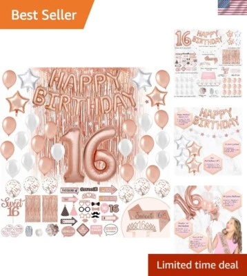 Juego Completo Dulces 16 Decoraciones de Cumpleaños: Tiara Oro Rosa, Faja y Telones de Fondo Foto 1 de 4