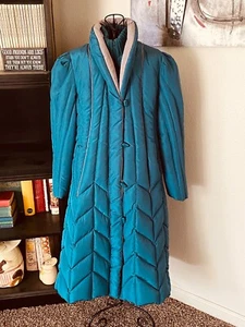Vintage Women's M Junior Concept Teal Blue Long Down Feather Puff Coat - Picture 1 of 15