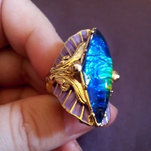 Abalone Shell Covered By Resin And Set Into Gold Plated Ring With Mermaid Motifs - Picture 1 of 4