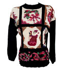 Vintage Ugly Christmas Sweater Black Chunky Crochet Knit Tree Ribbon Bell Medium