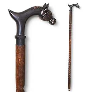 Vintage Wooden Walking Stick Cane with Designer Bronze Finish Horse Head Handle - Picture 1 of 6