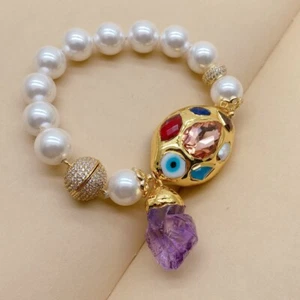 White Sea Shell Pearl Multi Color Crystal Beaded Bracelet Purple Amethyst Charm - Imagen 1 de 6