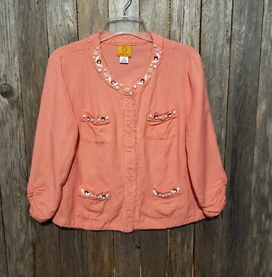 Chaqueta Blazer Ruby Rd 12 Coral Lino Cuentas Casa de Campo Playa Boho Artística Indie Foto 1 de 4