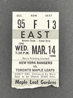 3-14-1990 New York Rangers @ Toronto Maple Leafs NHL Hockey Ticket - Image 1 of 2