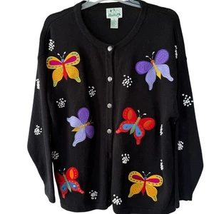 Quacker Factory Butterflies Black Oversized Patchwork sweater size 1X - Picture 1 of 10