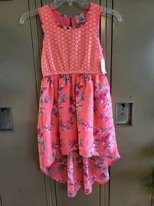Girls Dress ORANGE CROCHET LACE Flowers CHIFFON HI-LOW Pink Blue White M 7-8.New - Picture 1 of 9