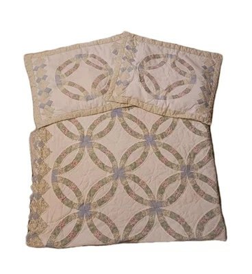 Vintage Doppel Ehering Quilt 80x80 Voll/Queen gewellte Kanten mit 2 Kissenbezügen - Bild 1 von 4
