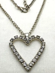 Bedazzled Heart Pendant Necklace Glass Rhinestones Silver-Tone Romance Whimsy - Picture 1 of 11