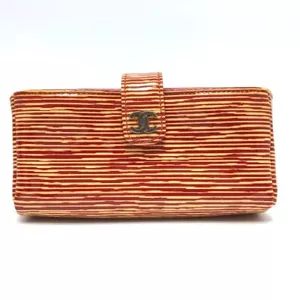 CHANEL CC CC Mark Striped Pouch Patent Leather RedBased - Picture 1 of 14