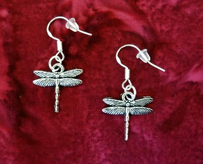 BUY 2 GET 1 FREE~DRAGONFLY DANGLE SILVER EARRINGS~STERLING HOOK~GIFT FOR HER - Image 1 of 4
