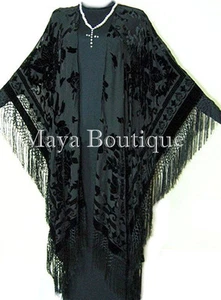 Caftan Duster Fringe Jacket Kimono Opera Coat Black Burnout Velvet Maya Matazaro - Picture 1 of 5
