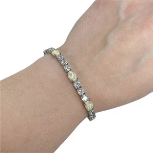 Milky Faux Opal and Clear Rhinestone Bolo Slide Lock Silver Tone Bracelet Flash - Picture 1 of 9
