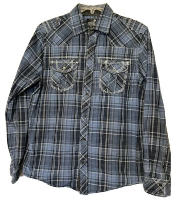 Modern Culture Mens Sz Large Slim Blue Plaid Button Up Long Sleeve Western Shirt - Image 1 of 4