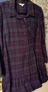 Tartan Navy Green Shirt Dress Ruffle Hem Women L 12-14 Preppy Time & True NWTags - Picture 1 of 13