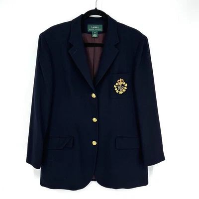 Blazer Ralph Lauren Mujer Azul Marino De Colección Escudo Grande Logo Botones Dorados Lana Talla 14 Foto 1 de 4