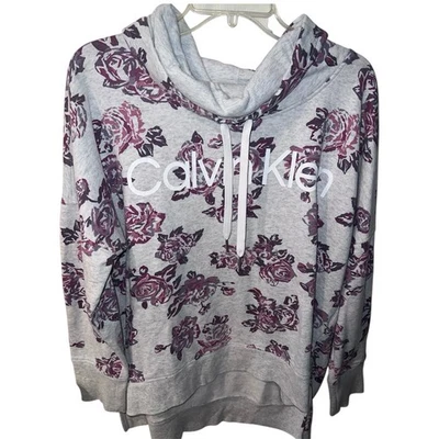 Moletom Calvin Klein Feminino XL Cinza Gola Capuz Logotipo Floral AOP Rosas - Imagem 1 de 4