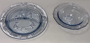 Baby CHILD Glass Blue NURSERY RHYME 2 Pc DISH SET Plate Bowl Mother Goose NICE - Picture 1 of 5