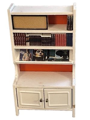 VINTAGE LUNDBY WOOD DOLLHOUSE FURNITURE BOOKCASE w/BOOKS & LPs - Image 1 of 4
