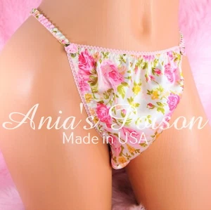 Sissy Satin Panties for MEN - shiny wetlook Pink Floral Roses string Bikini - Picture 1 of 4