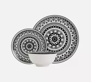 Tabletops Unlimited 11 Pc. Black Pad Print Dinnerware Set, Service for 4 - Black - Picture 1 of 2