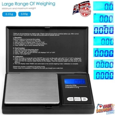 LONDON ESELLER Digital Scales 0.01g to 100g, 200g & 500g Jewellery Gold Weighing Mini Pocket UK
