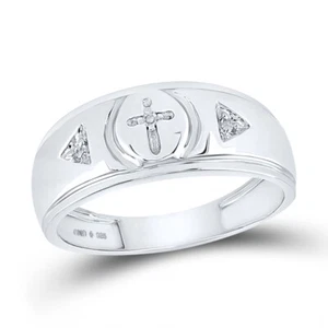 Sterling Silver Mens Round Diamond Cross Wedding Band Ring 1/20 Cttw - Picture 1 of 4