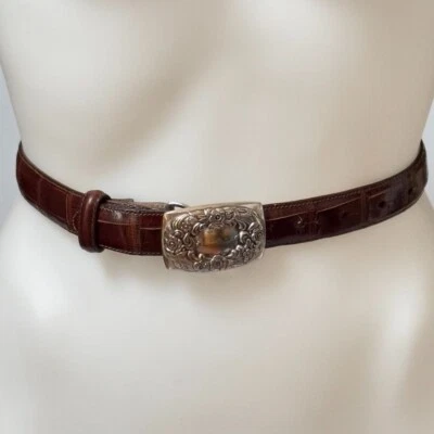 TALBOTS Women's Belt Brown Moc-Croc Embossed Leather Silver-tone Buckle Size M - Image 1 of 4