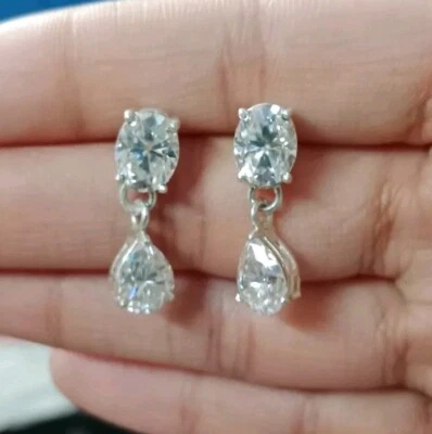 8 Ct Treated Certified Gorgeous Off White Diamond Dangler Earrings, 925 Silver - Image 1 of 4