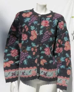 NORTHERN ISLES US XL Gray Floral Chunky Knit Wool Cardigan Sweater Top - Picture 1 of 5