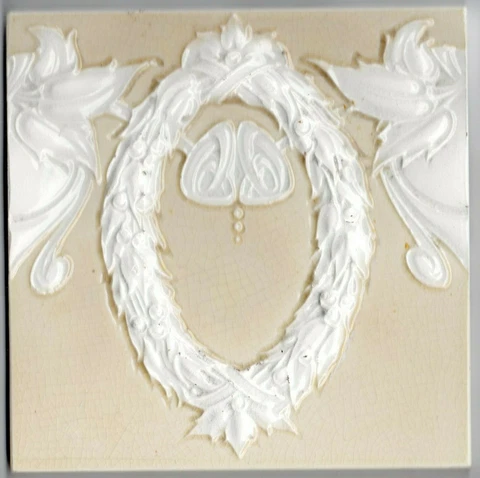 White & cream antique tile c1900 Germany Villeroy & Boch High relief Art Nouveau Cover