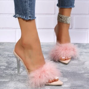Women's Fur Trim Pointed Pumps Shoes High Heels Slip on Sandals Stiletto heels - Picture 1 of 16