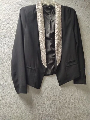 a.n.a. Chaqueta Blazer Mujer Frente Abierto Mediana Negra Plateada Lentejuelas Manga Larga Foto 1 de 4