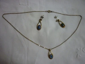 AUSTRALIAN GOLDPLATED SILVER OPAL TEARDROP EARRING & PENDANT CHAIN NECKLACE SET - Picture 1 of 11
